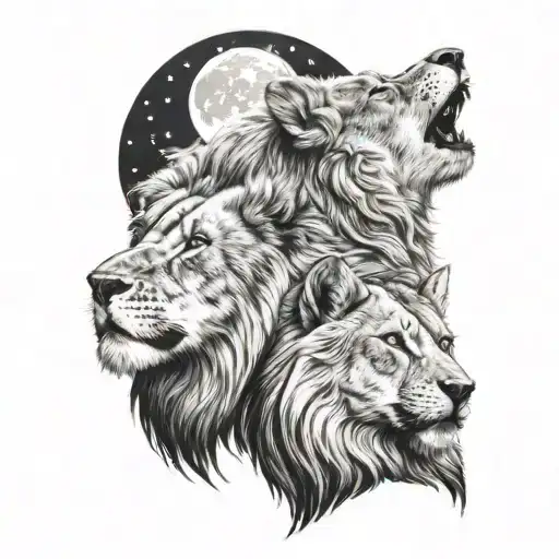 Lion And Wolf Howling At The Moon
