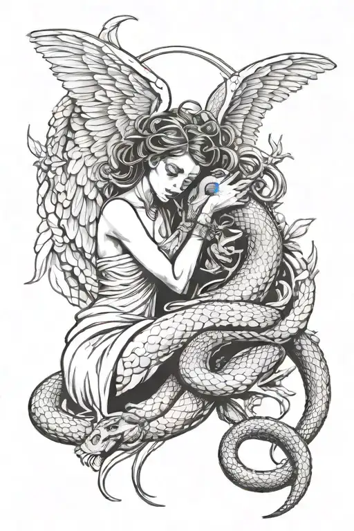 Angel Kissing Succubus Surounded By A Snake