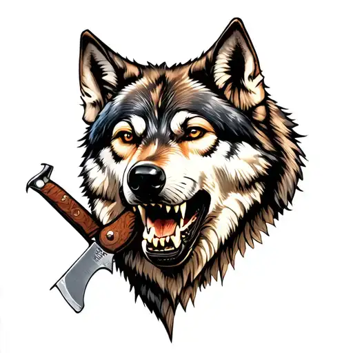 A Detailed Portrait Of A Wolf With A Barber's Razor Blade As Its Teeth