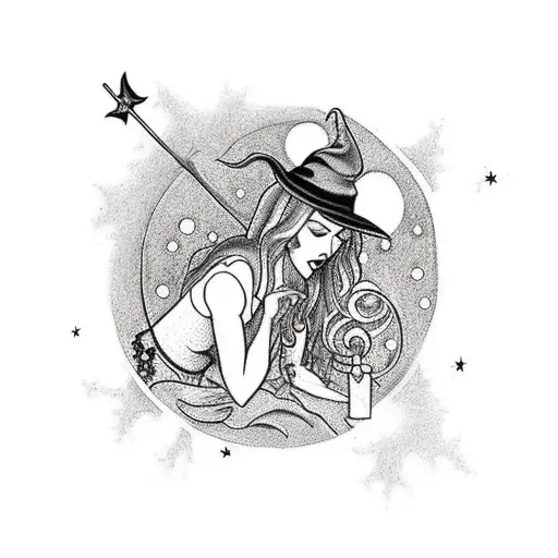 A Traditional Style Tattoo Of A Witch Casting Spells Under A Starry Sky At Vale Do Amanhecer