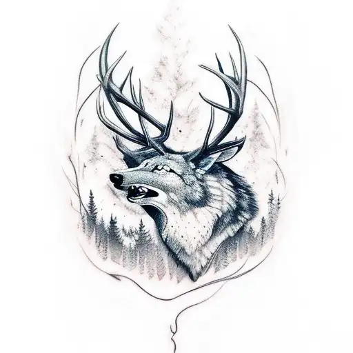 Snarling Wolf And Buck Deer In The Woods