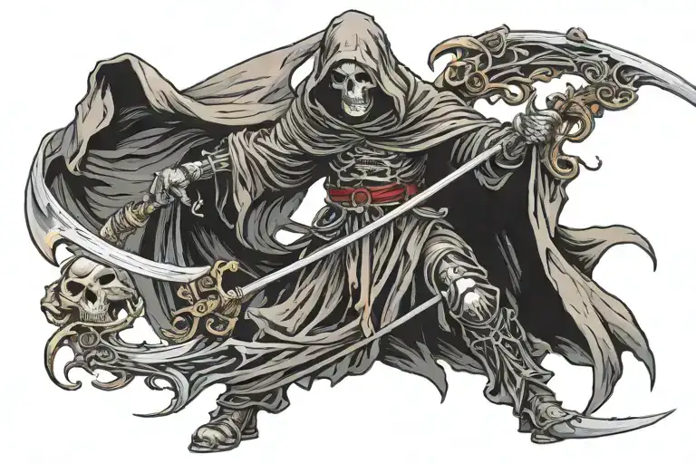 Full Body Grim Reaper Standing And Duel Wielding 2 Black And Red Scythes