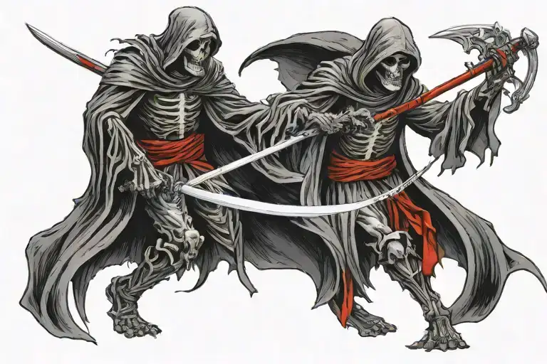 Full Body Grim Reaper Duel Wielding 2 Black And Red Scythesthat Are Fully Shown