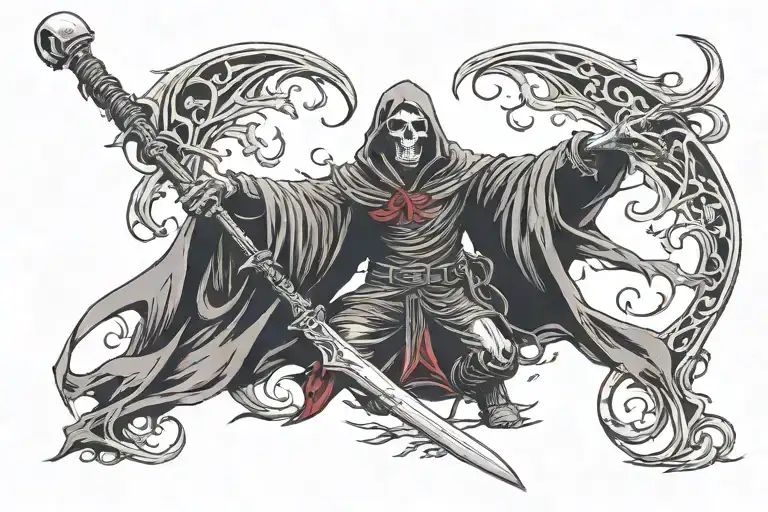 Full Body Grim Reaper Duel Wielding 2 Black And Red Scythes