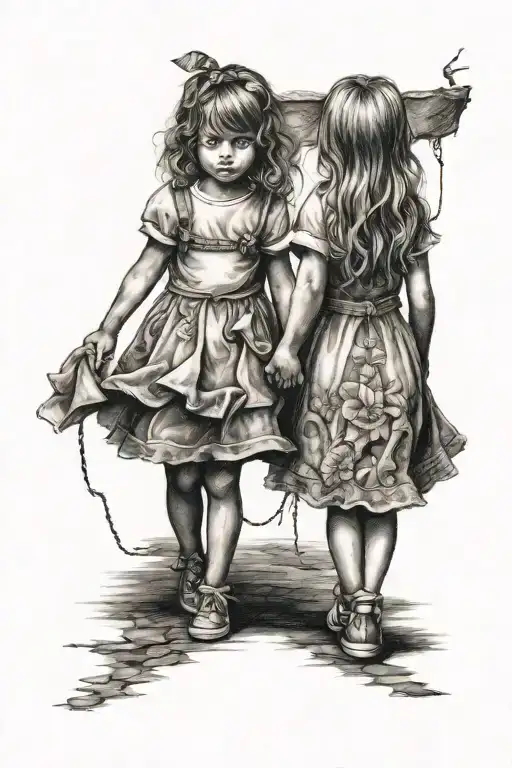Two Little Girls Holding Hands Walking Into Darkness