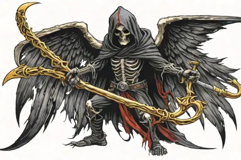 Grim Reaper With Gold And Black Wings Duel Wielding 2 Black And Red Scythes