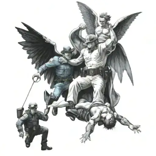 Demons Pulling A Police Officer Into The Ground While Police Officer Is Reaching Up For An Angel
