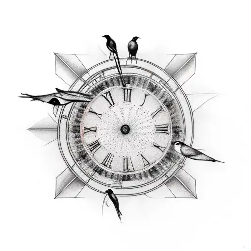 Clock And Stairs And Birds