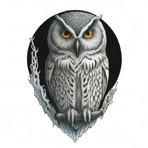 Demonic Snow Owl Sitting With Blue Eyes