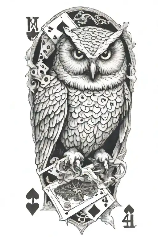 Demonic Snow Owl Holding Four Playing Card Esses