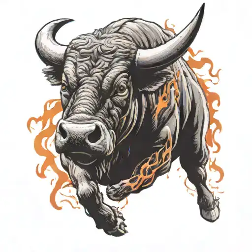 Bull Charging Forward With Strong And Mean Face Red Eyes With Flames Falling Behind The Bull