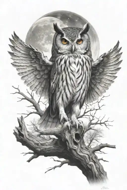 Owl Spreading Its Wings Sat In A Twisted Dead Tree With The Moon Beginning To Rise