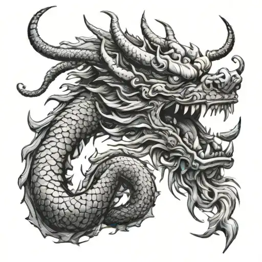 Japanese Dragon With Four Horns Hair Hands Claws Detailed Blackwork