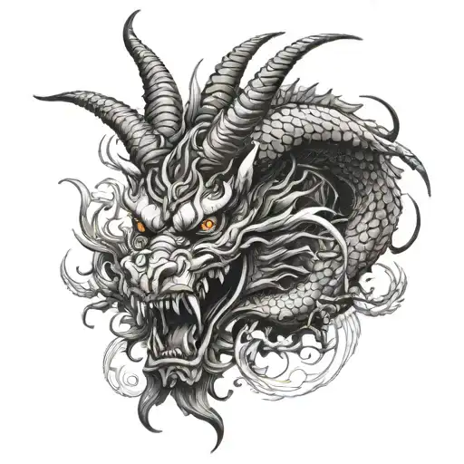 Japanese Dragon With Four Horns Hair Hands Claws Detailed Blackwork Tattoo Face Centered