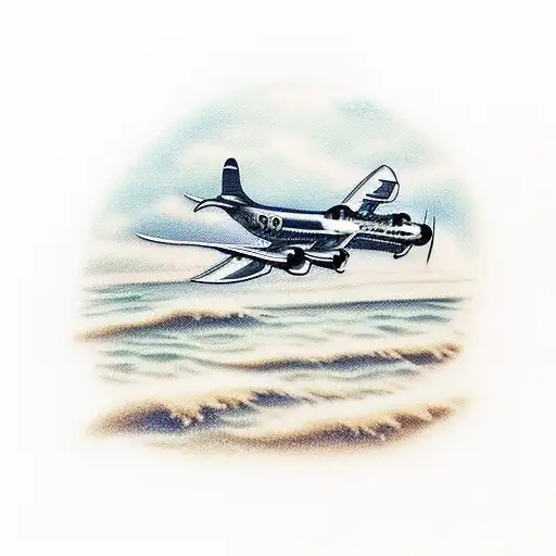 A Realistic Tattoo Of A Vintage Airplane Flying Over A Beach At Sunset