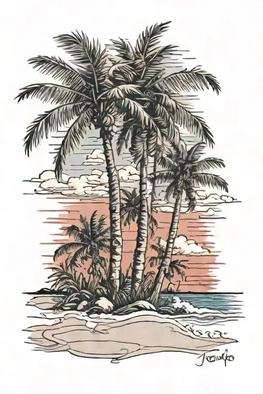 Beach Shore With Palm Trees With Red Blue Sky