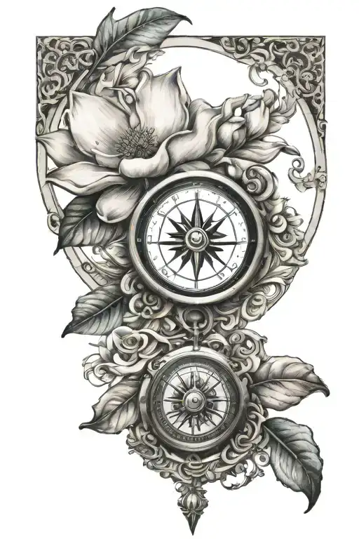 Magnolia Flower And A Compass With Swrils