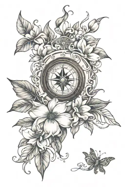 Magnolia Flower And A Compass With Swrils And Vines