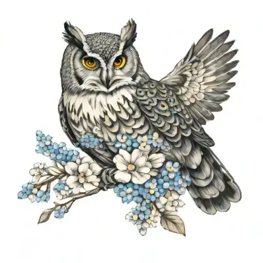 Flying Owl With Wings Spread And Forget Me Not Flowers