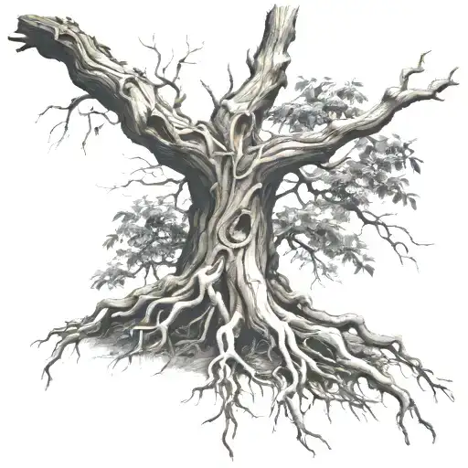 Big Old Tree Roots Exposed And Long Branches With Some Leaves