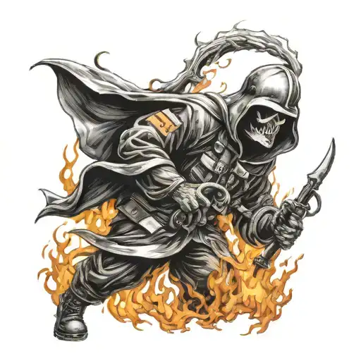 Grim Reaper Dressed As Firefighter Battling Flames