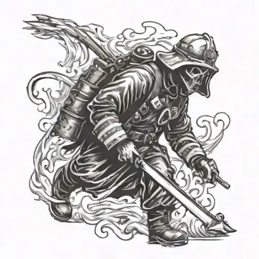 Grim Reaper Dressed As Firefighter Battling Flames