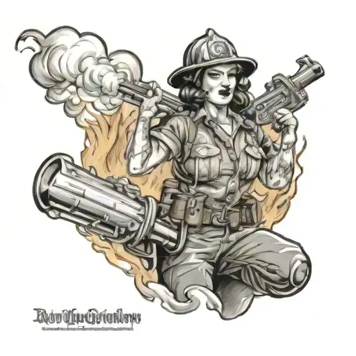 Pinup Lady As Firefighter Battling Flames
