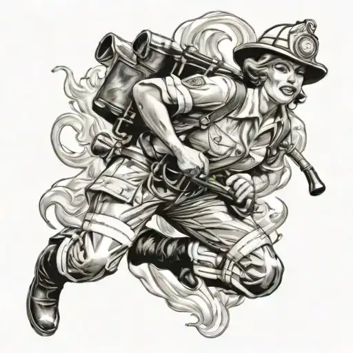 Sexy Pinup Lady As Firefighter Battling Flames