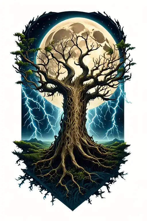Ygdrasil And Lightining Storm And Moon And Nature