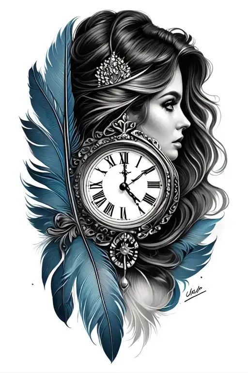 Wife Face With Feathers And A Clock