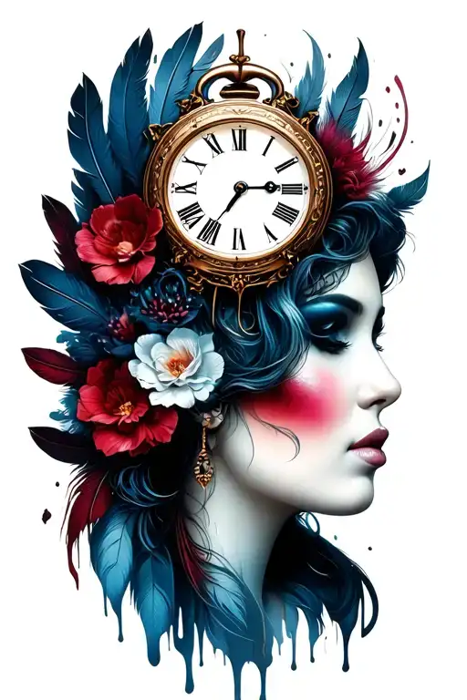 Wife Face With Feathers And A Clock Melting Clock