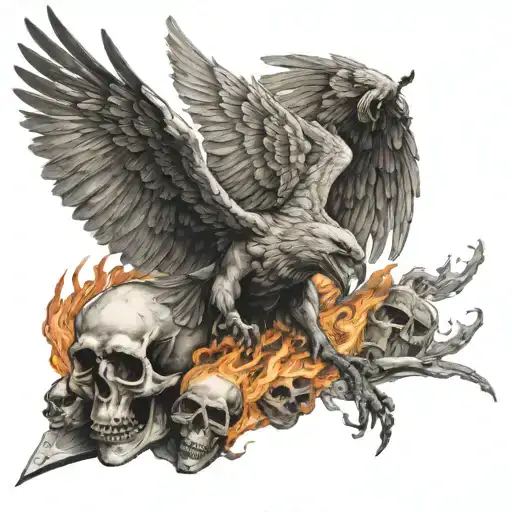 Flying Griffin Soaring With 3 Skulls On Fire Rising