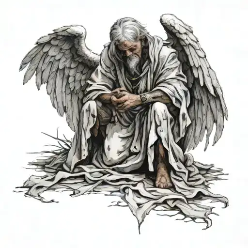 A Powerful And Battle-worn Angel Kneeling In His Tattered Robes
