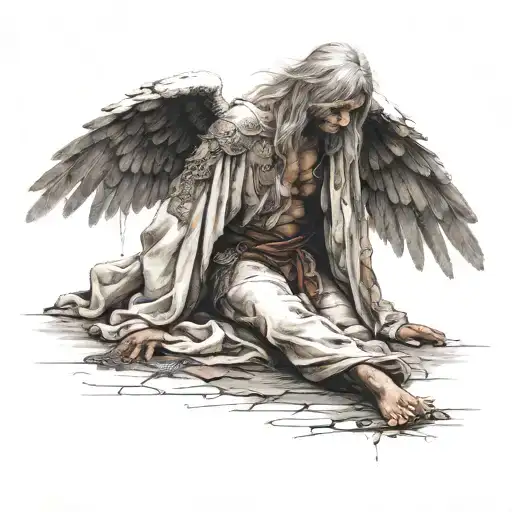 A Powerful And Battle-worn Angel Kneeling In His Tattered Robes