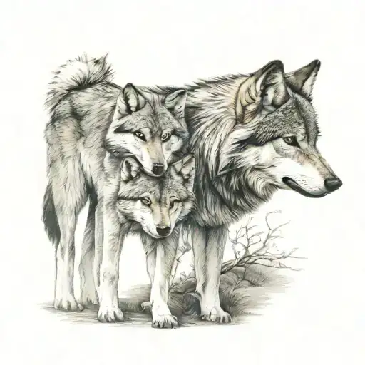 Wolf With Pup Wolves