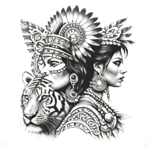 Beautiful Aztec Princess With Tiger Headress