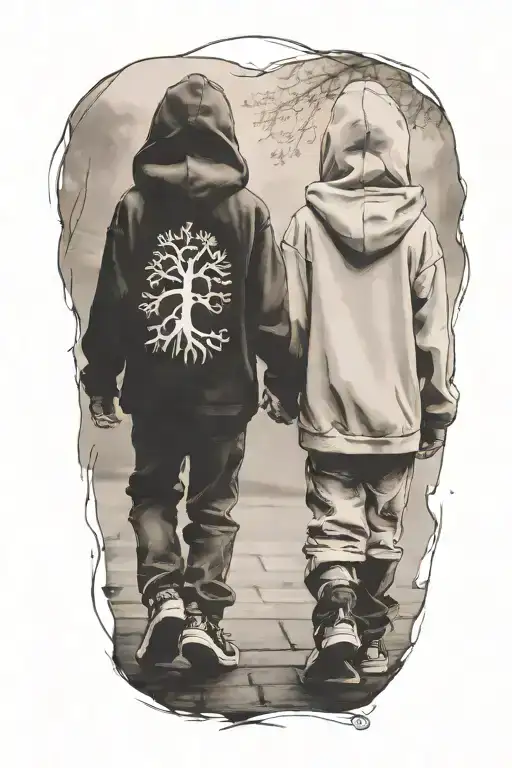 A Silouttoue Of 2 Young Brothers Wearing Hoodies Walking Away Holding Hands
