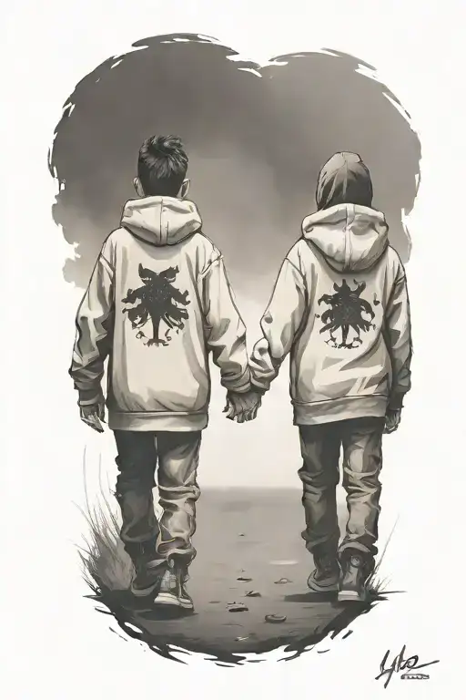 A Silouttoue Of 2 Young Brothers One Taller Wearing Hoodies Walking Away Holding Hands