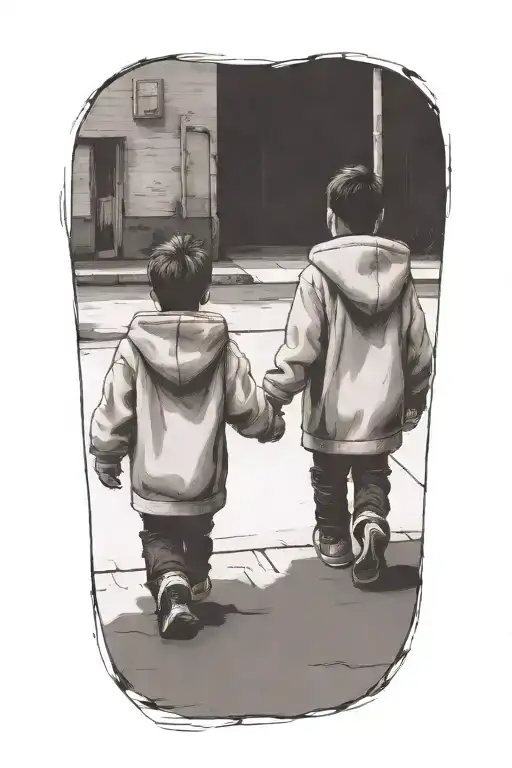 A Silouttoue Of 2 Young Brothers One Older Than The Other Wearing Hoodies Walking Away Holding Hands