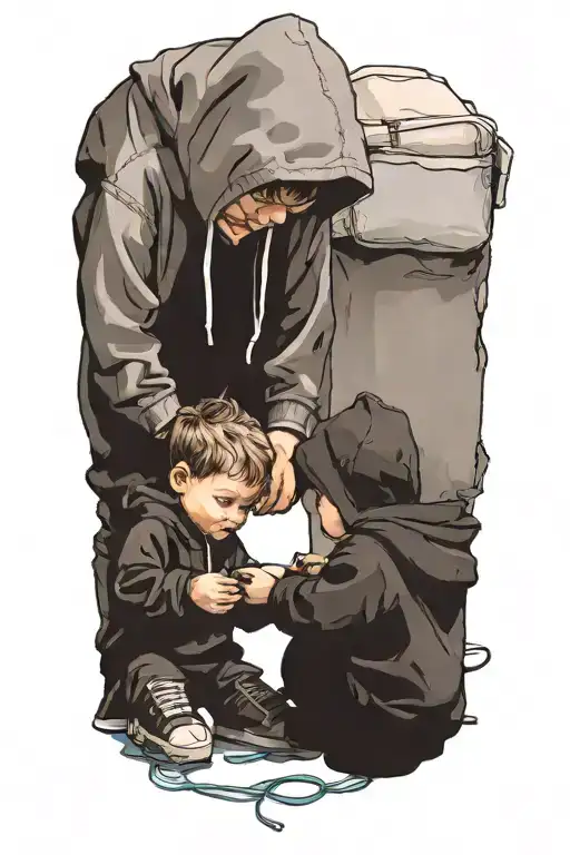 A Lottle Boy Ties Another Little Boys Shoelaces Both Wearing Hoodies