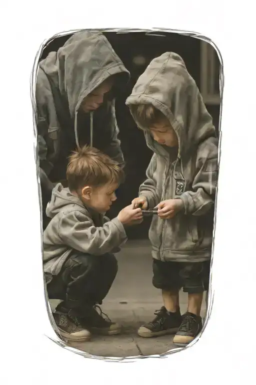 A Little Boy Ties Another Little Boys Shoelaces Both Wearing Hoodies
