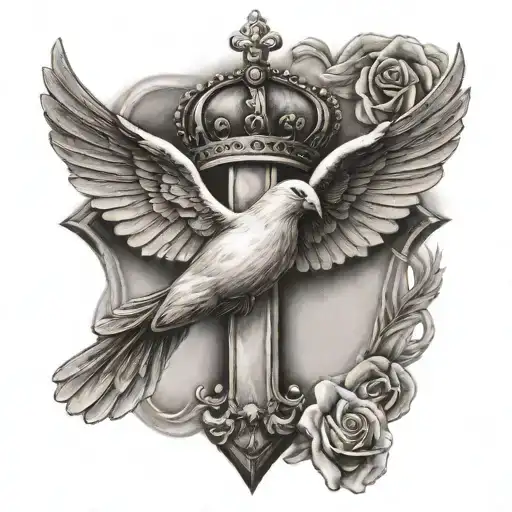 Cross With Crown Hanging And Dove Flying
