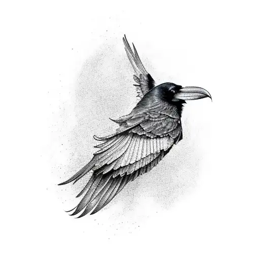 Raven With Its Wings Spread With Stippling On The Tail To Fade Out