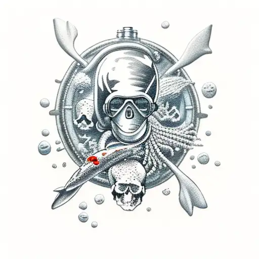 A Diver In The Ocean With Some Skulls Around