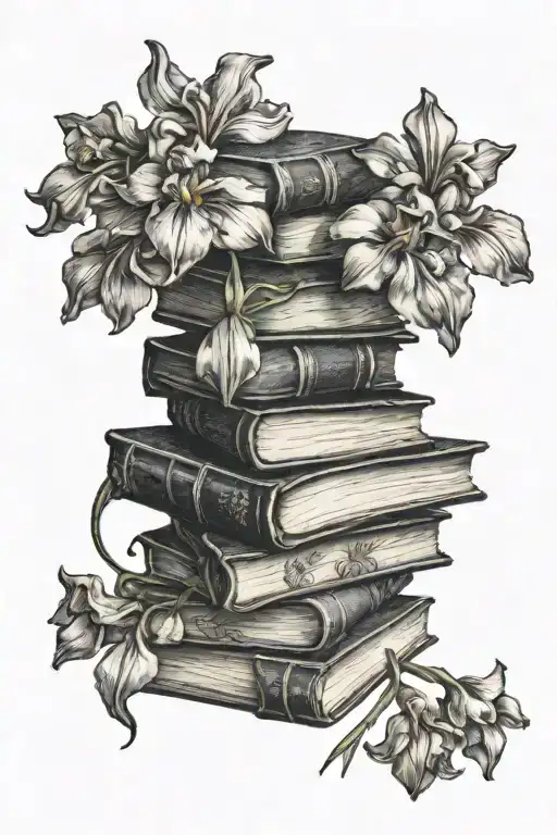 Tall Twisted Book Stack With Irises On It