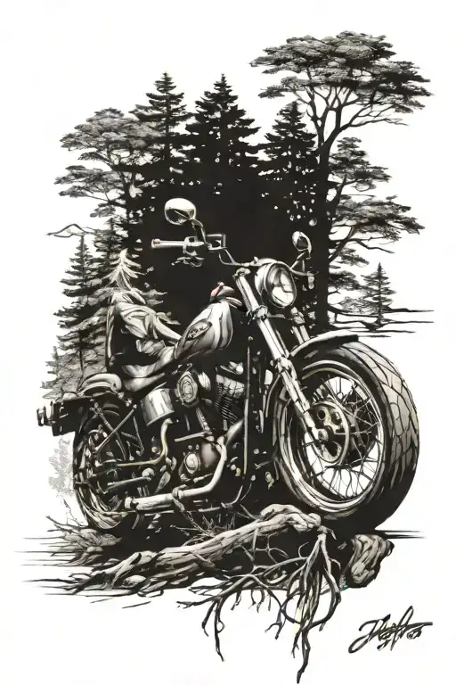 A Harley-davidson Motorcycle Drives On Endless Forest And Mountain Roads