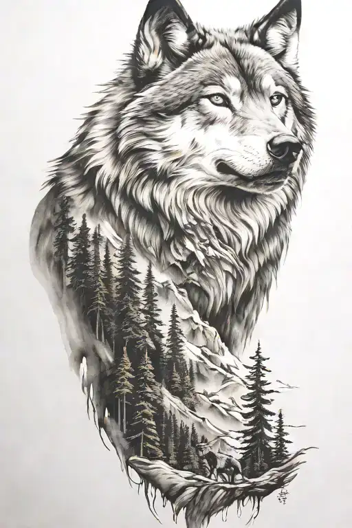 Wolf And Mountains And Trees