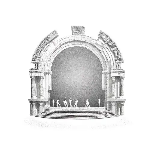 A Greek Theater Stage With Huge Columns And Two People Performing In An Open Space