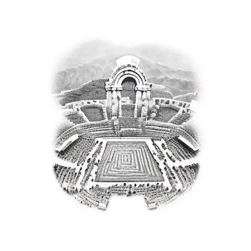 A Greek Theater Stage With Two People Performing In An Open Space