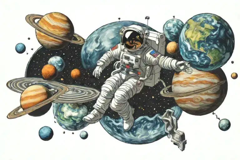 Flying Man In Space Flies Past The Planets